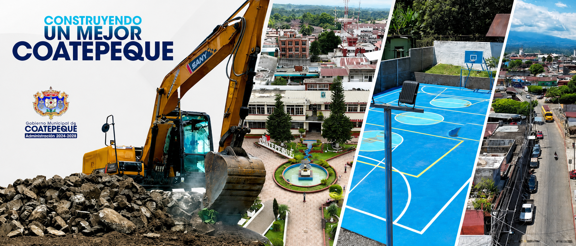 Collage del Gobierno Municipal de Coatepeque con maquinaria, obras, espacios públicos y vistas de la ciudad
